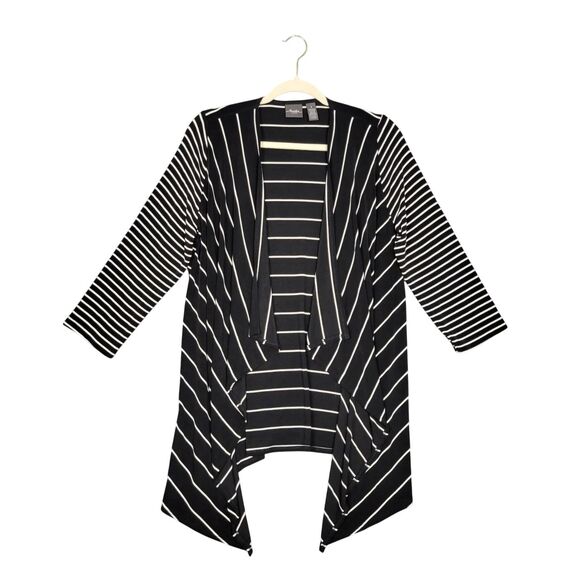 CHICOS TRAVELERS Black Striped Waterfall Slinky Knit Cardigan SIZE 1 US MEDIUM 8 - Picture 1 of 12